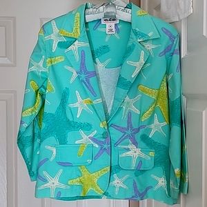 Women's cotton jacket - Size M - aqua with starfish in lavender, white and green